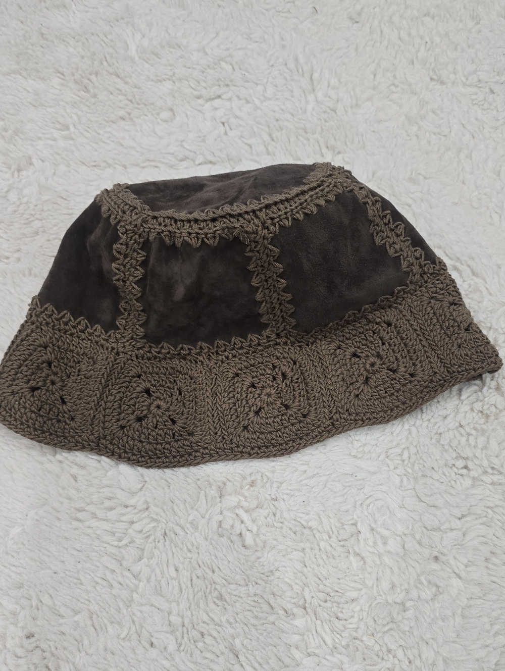 Free People Brown Crochet & Suede Bucket Hat